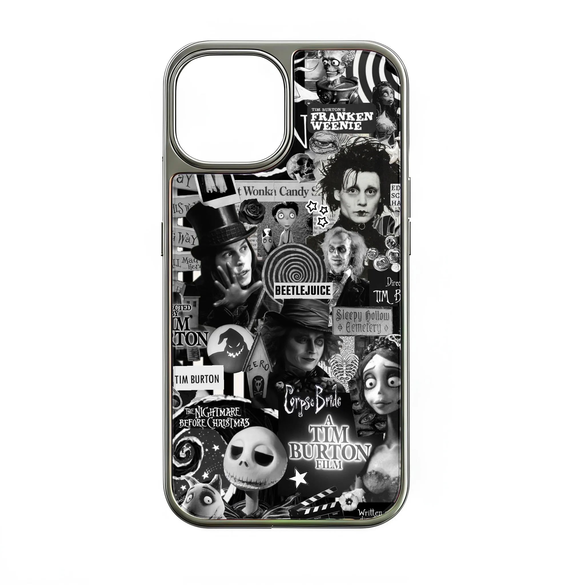 Silver phone case with black-and-white Tim Burton film collage, rear product view