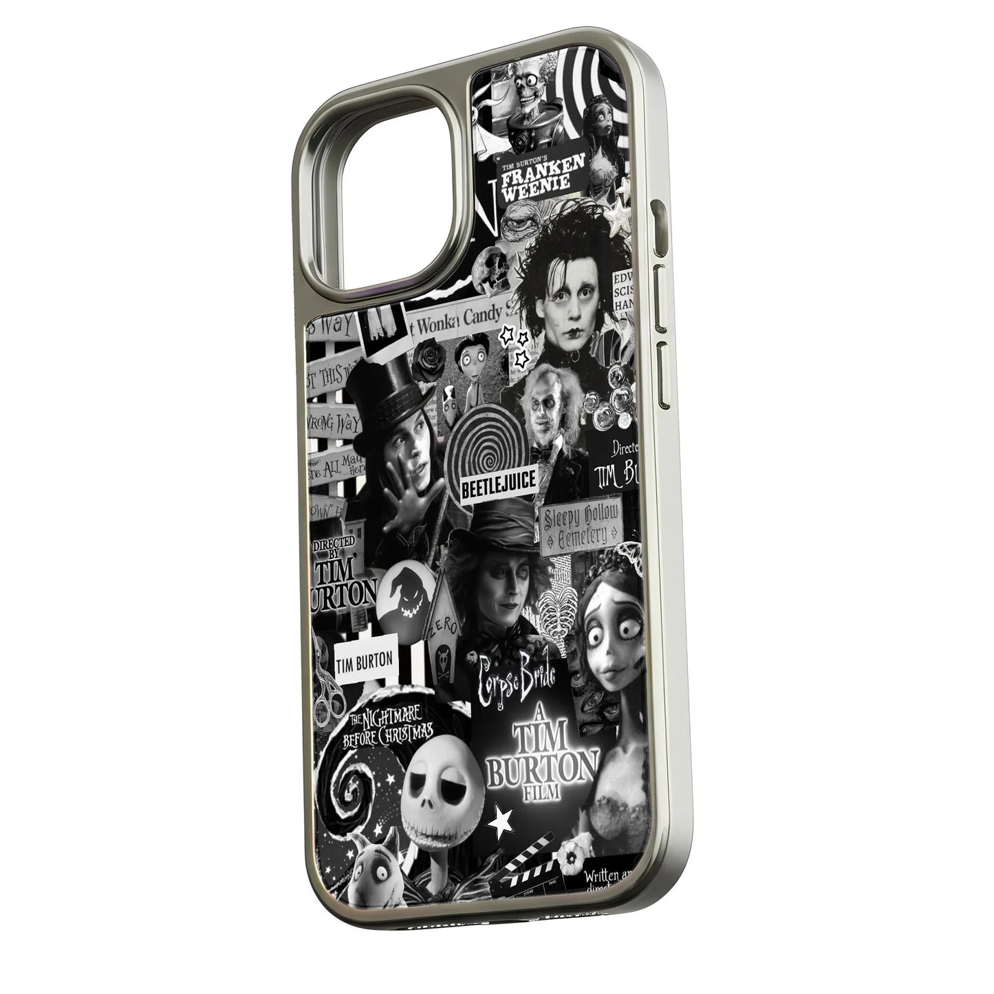 Silver phone case with black-and-white Tim Burton collage, angled rear product display