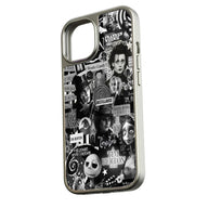 Silver phone case with black-and-white Tim Burton collage, angled rear product display