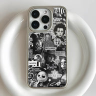 Silver iPhone case with black-and-white Tim Burton collage, rear close-up product view