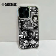 Silver phone case with black and white film collage, rear angle on smartphone