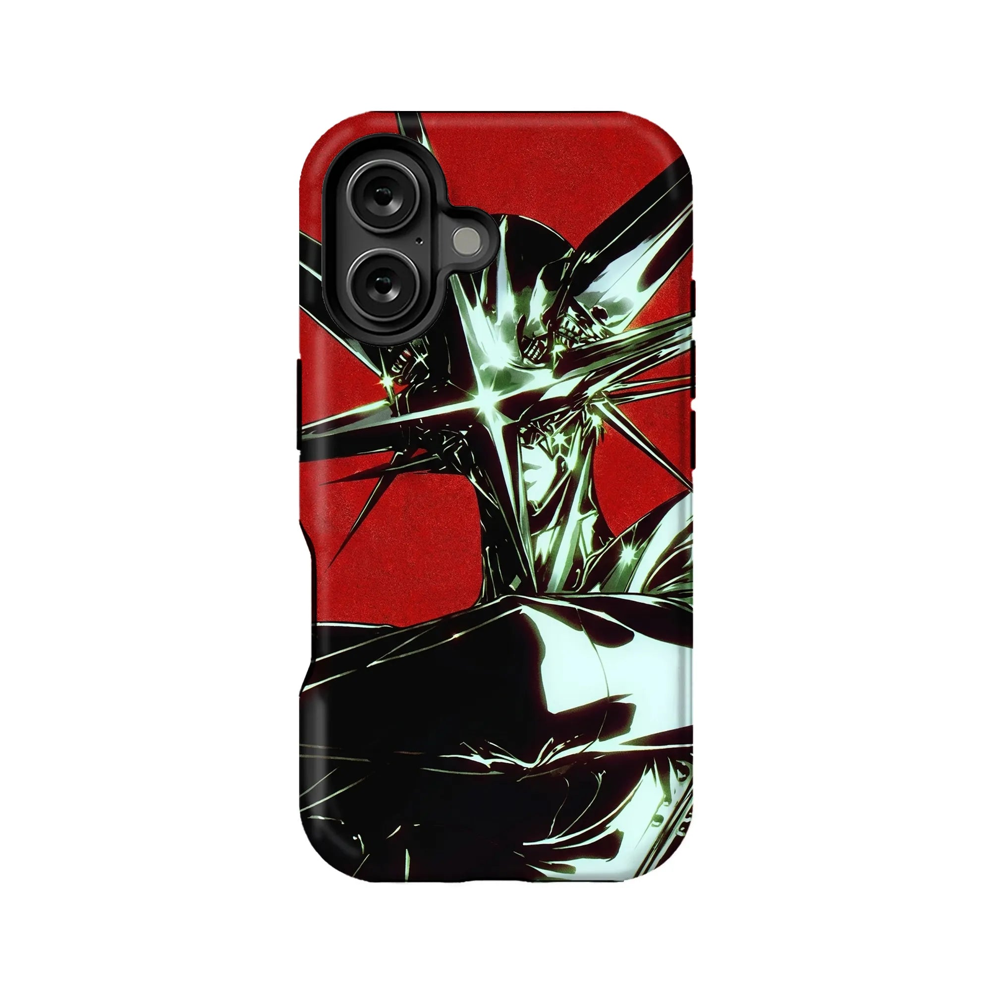 Red and black anime-style phone case, rear view with dual camera cutout