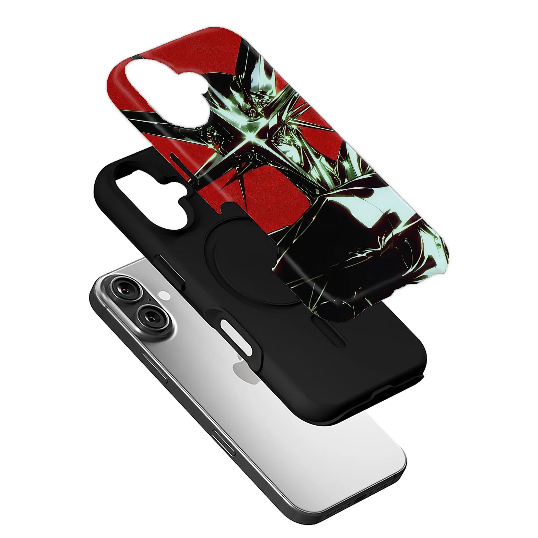 Red and black illustrated phone case angled above silver smartphone for product display