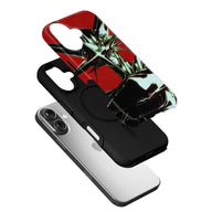 Red and black illustrated phone case angled above silver smartphone for product display