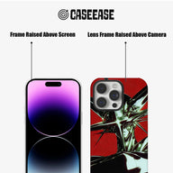 Red and black graphic phone case close-up showing raised screen and camera frames