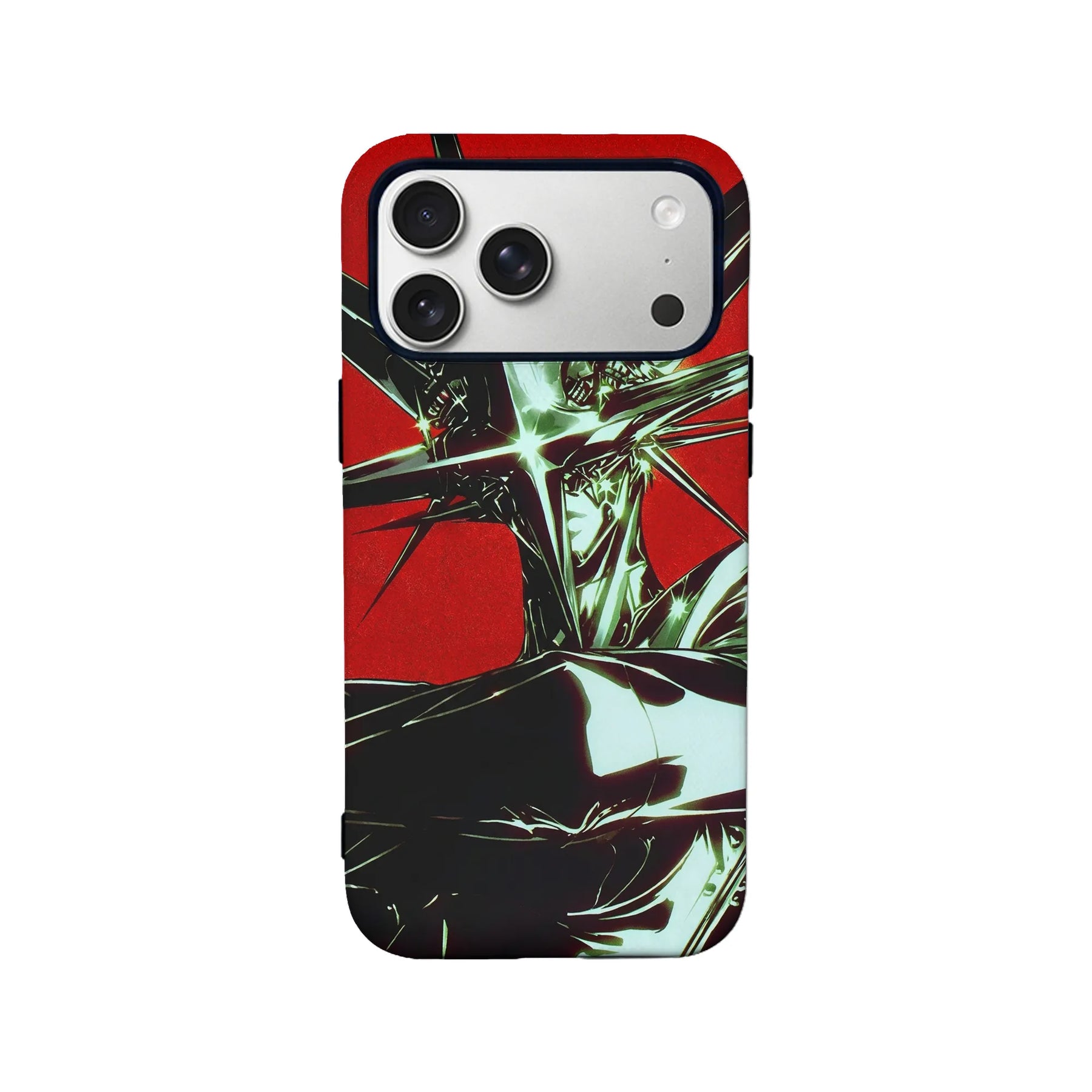 Red and black phone case with futuristic graphic, rear product view with camera cutout
