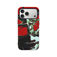 Red and black phone case with futuristic graphic, rear product view with camera cutout