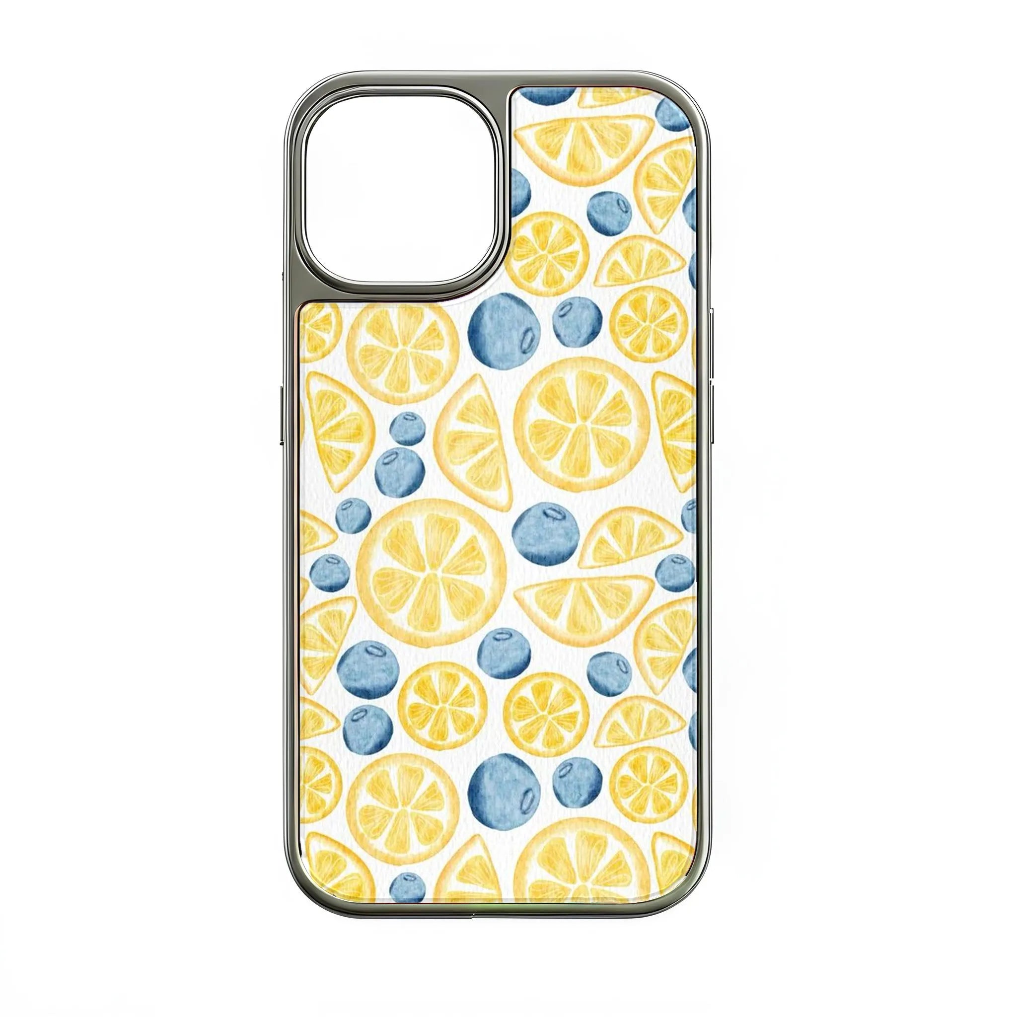 Silver phone case rear view with watercolor lemon slices and blue berries pattern