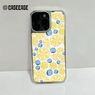 Silver phone case with lemon and blueberry pattern, rear close-up product angle