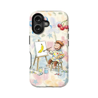 Pastel plastic phone case rear view with cartoon monkey painter and cherries