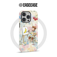 Pastel illustrated phone case with painting monkey and cherries, rear angle product display