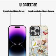Pastel cartoon monkey phone case front and back showing raised screen and camera frames