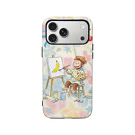 Pastel cartoon monkey painting banana phone case, rear view with camera cutout