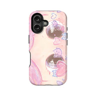 Pastel pink illustrated phone case with hearts, rear angle product display