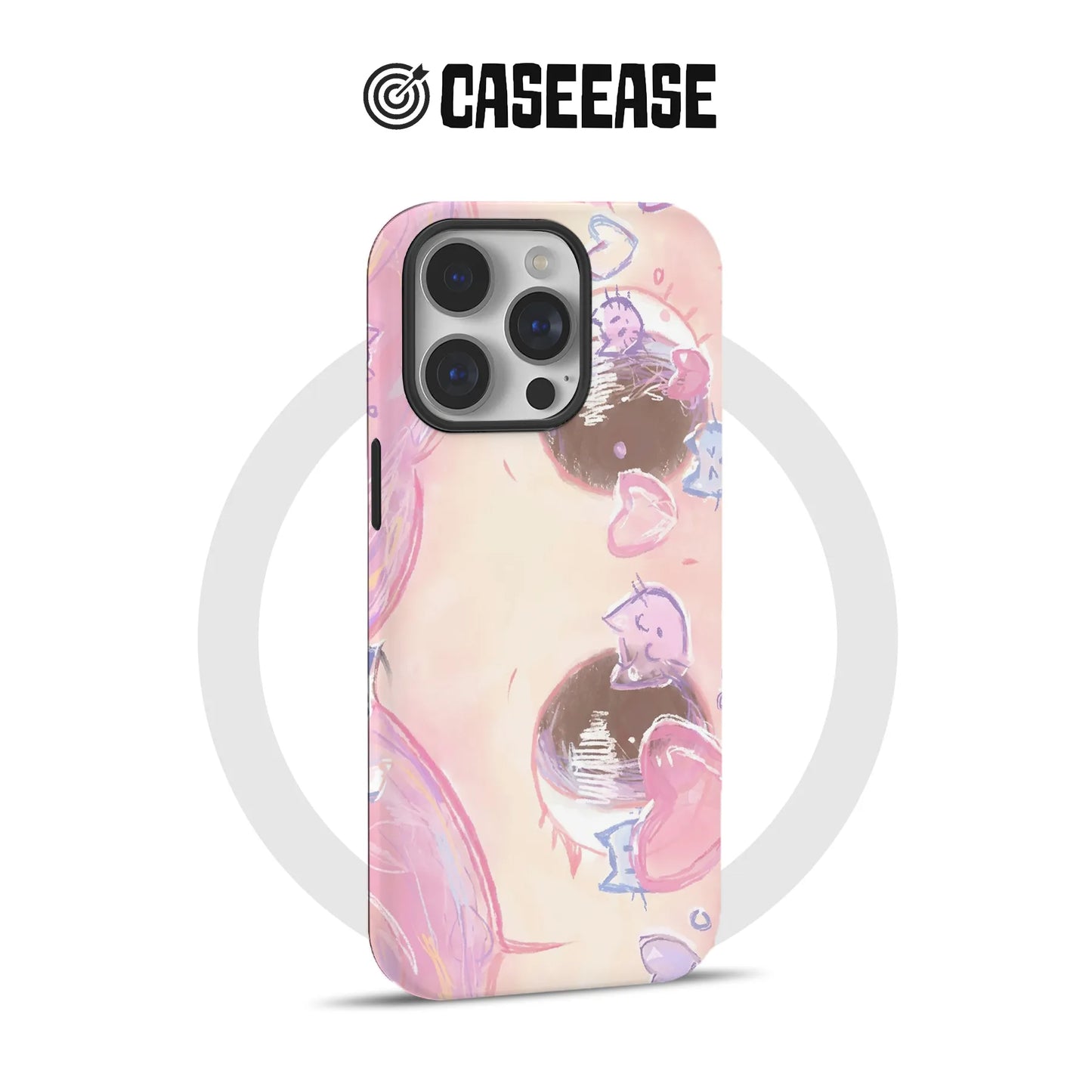 Pink illustrated CASEEASE phone case shown from rear angle with camera cutout