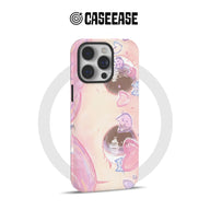 Pink illustrated CASEEASE phone case shown from rear angle with camera cutout