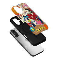 Colorful cartoon cat plastic phone case with black liner, angled above smartphone
