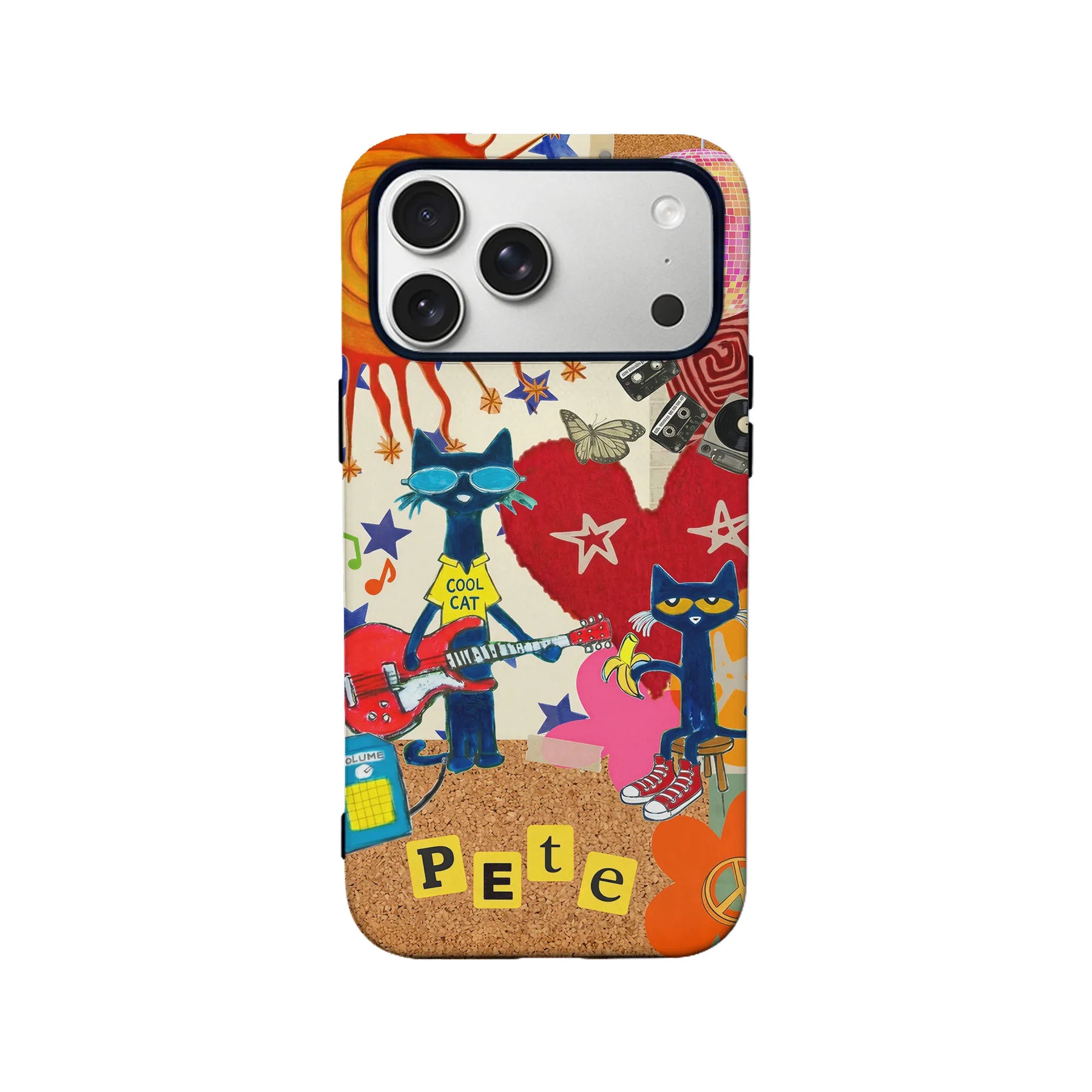 Colorful illustrated cat collage phone case, rear view with camera cutout and corkboard-style background