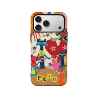 Colorful illustrated cat collage phone case, rear view with camera cutout and corkboard-style background
