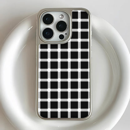 Holographic Chrome Phone Case for iPhone 14 Pro - Black and White Polka Dot Design