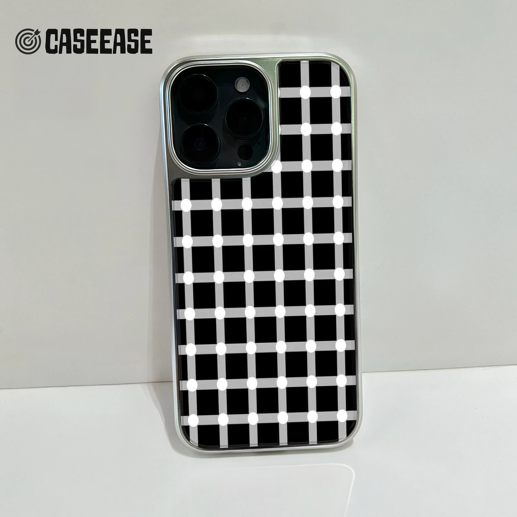 Holographic Chrome Phone Case for iPhone 14 Pro - Black and White Polka Dot Design