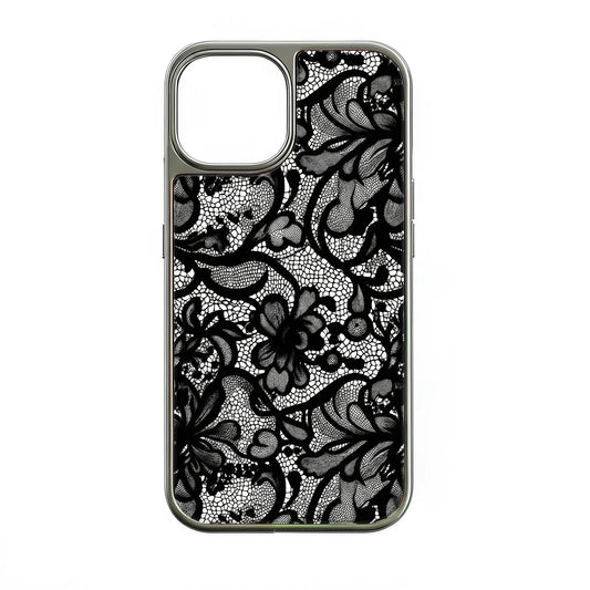 Holographic Chrome Lace Phone Case - Elegant Black Floral Design