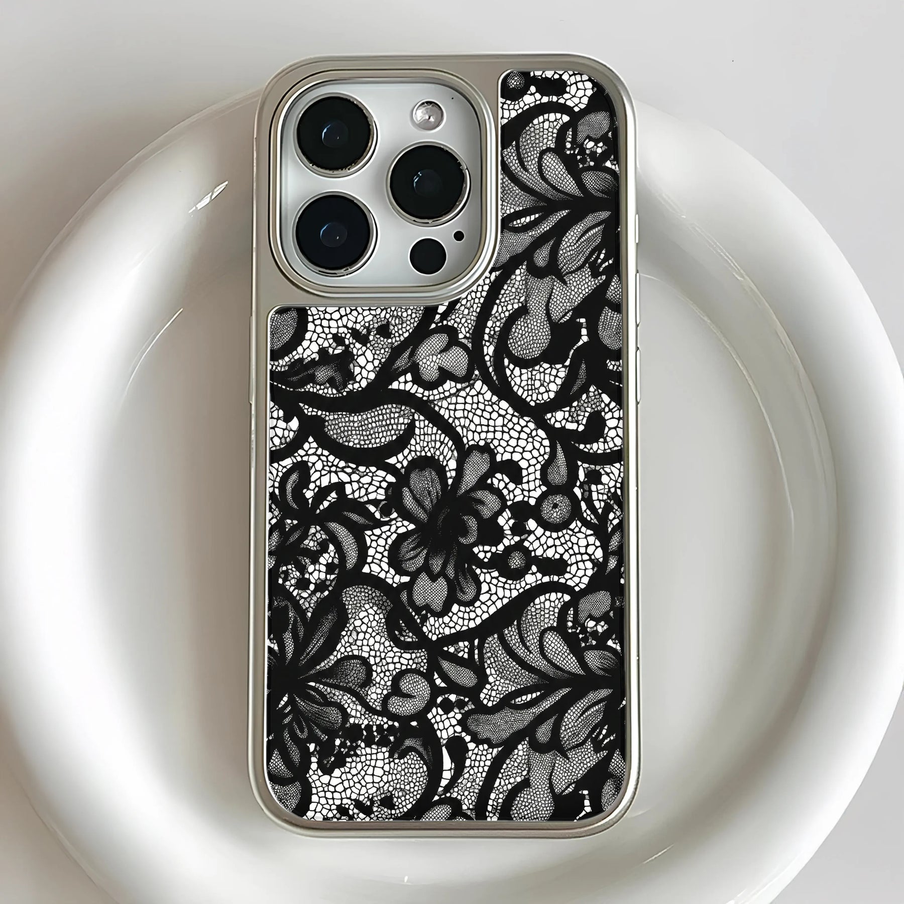 Holographic Chrome Lace Phone Case - Elegant Black Floral Design