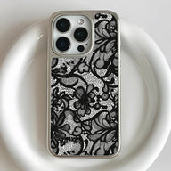 Holographic Chrome Lace Phone Case - Elegant Black Floral Design
