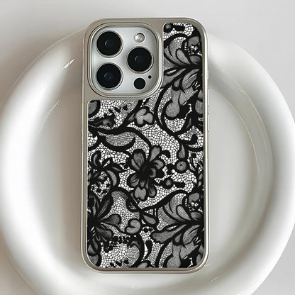Holographic Chrome Lace Phone Case - Elegant Black Floral Design