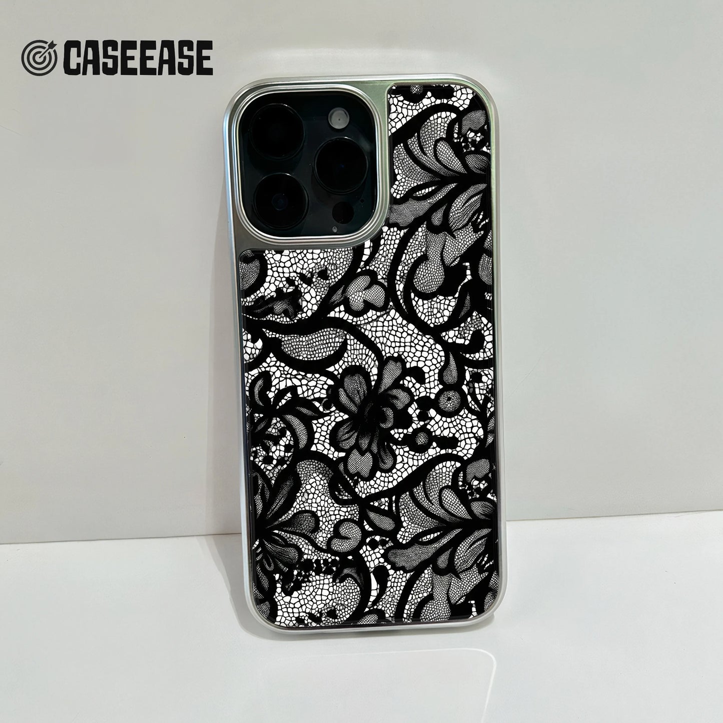 Holographic Chrome Lace Phone Case - Elegant Black Floral Design