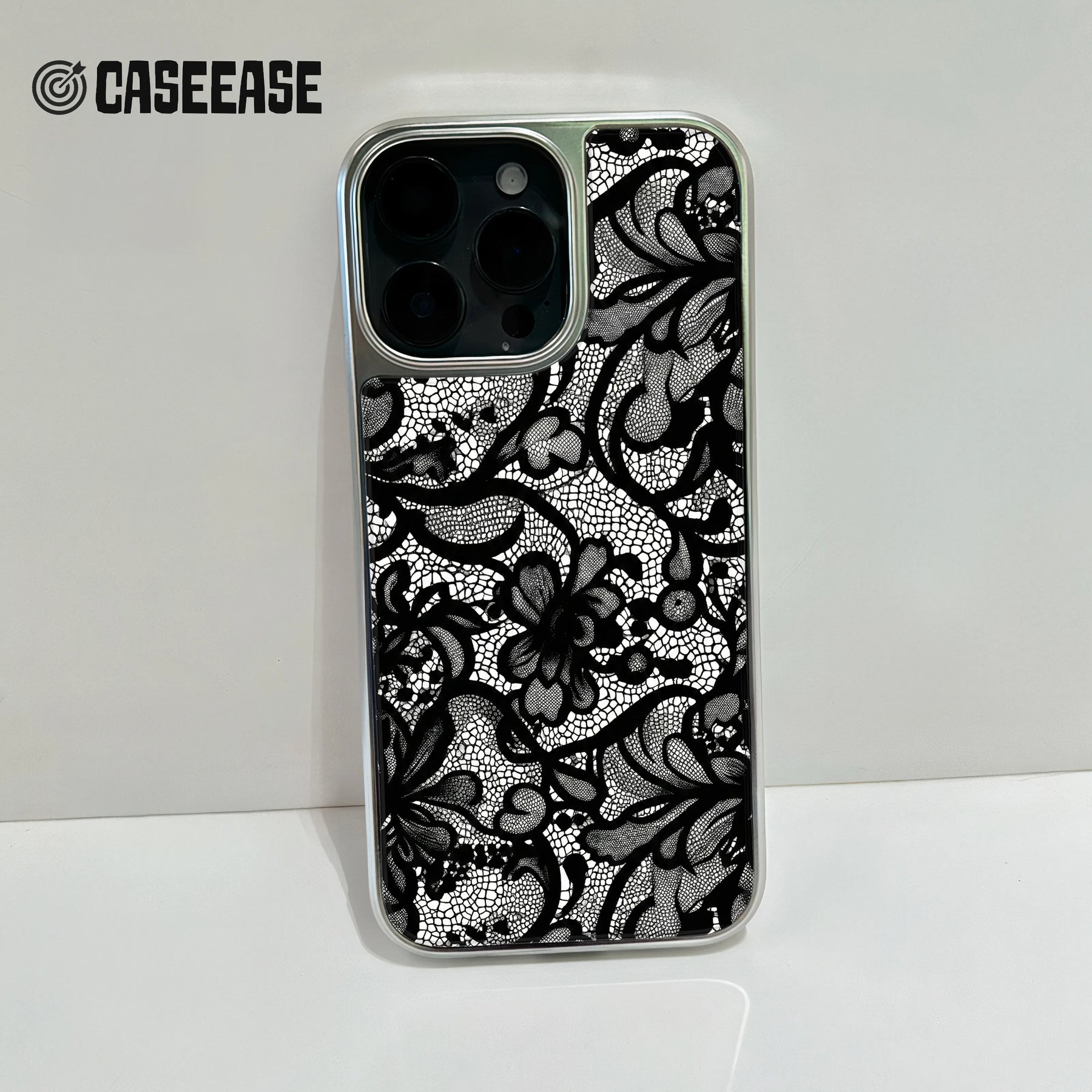Holographic Chrome Lace Phone Case - Elegant Black Floral Design