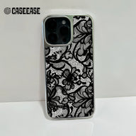 Holographic Chrome Lace Phone Case - Elegant Black Floral Design