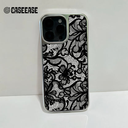 Holographic Chrome Lace Phone Case - Elegant Black Floral Design
