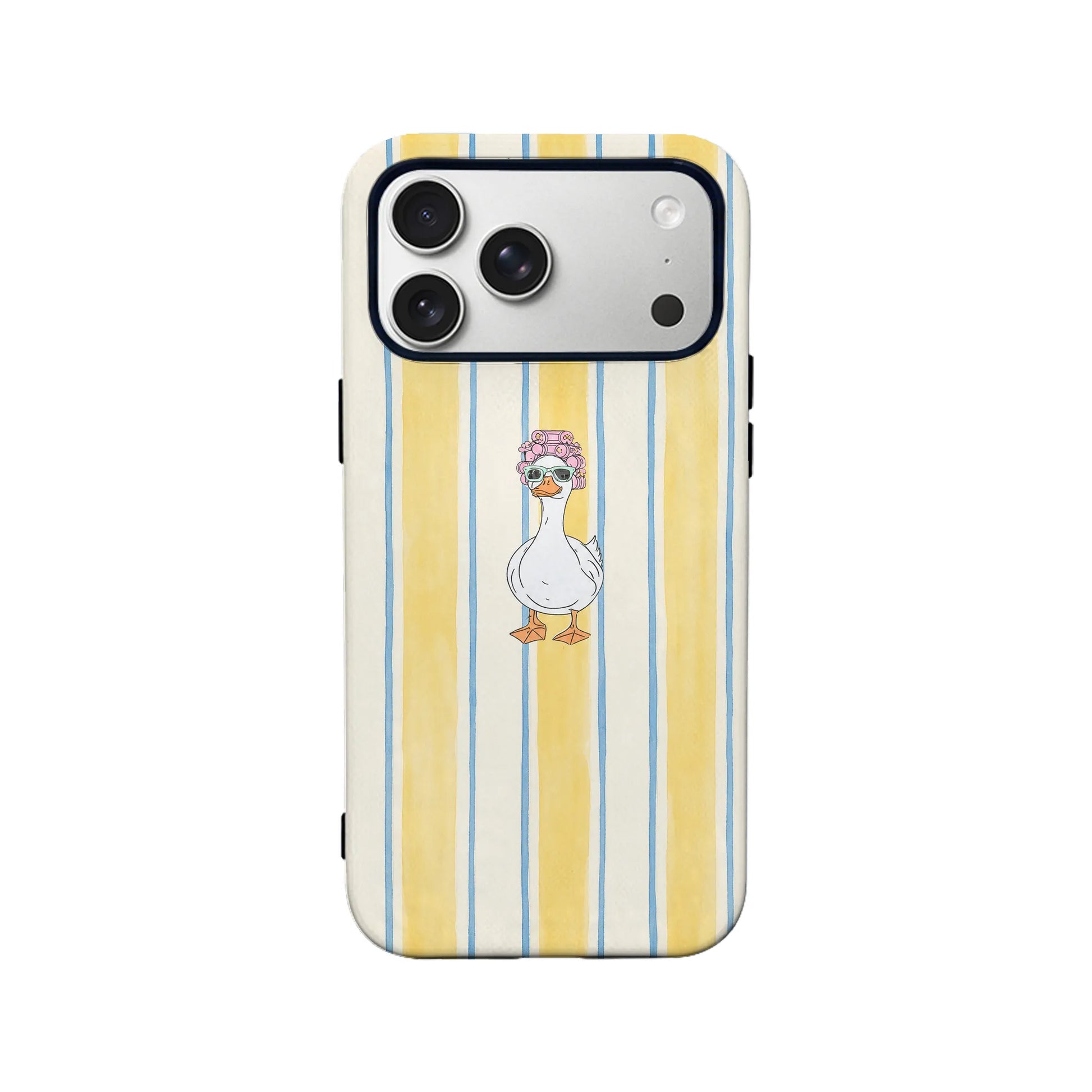 Yellow striped phone case with duck illustration, rear product view for smartphone