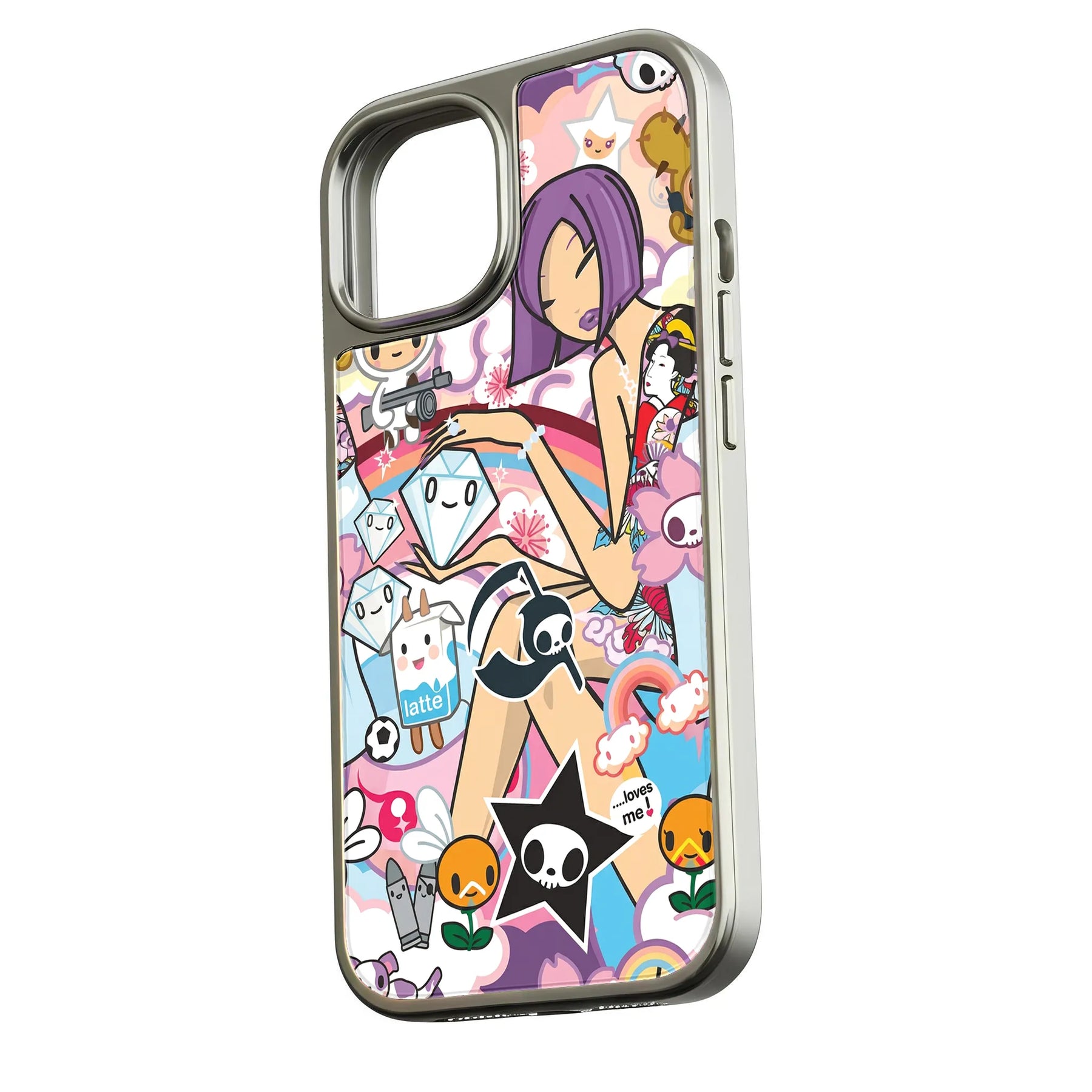 Holographic Chrome Funky Stickers Phone Case - Unique & Playful Design