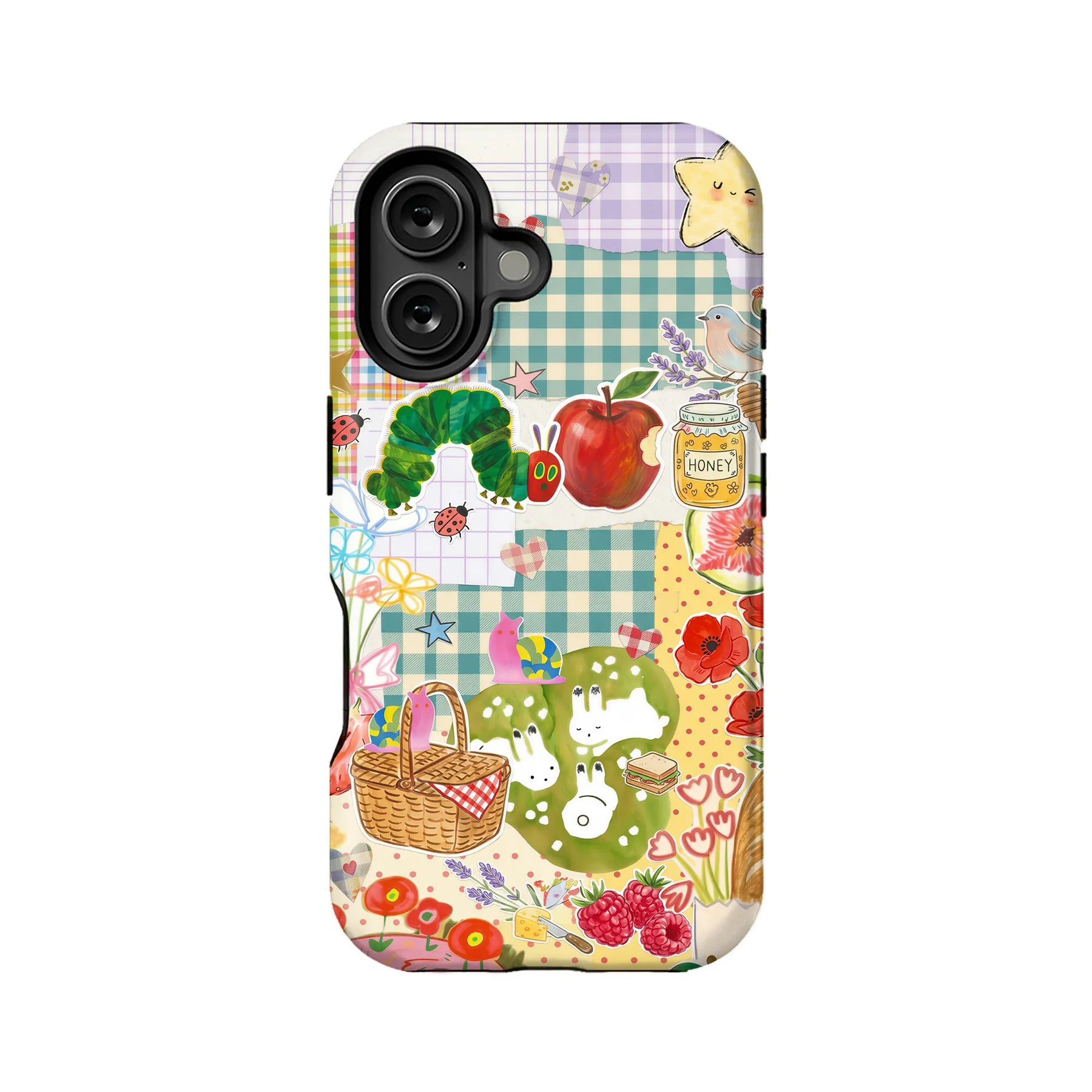 Colorful patchwork phone case with picnic illustrations, back view for Shopify product listing