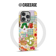 Colorful collage-style phone case shown from back with picnic and garden illustrations