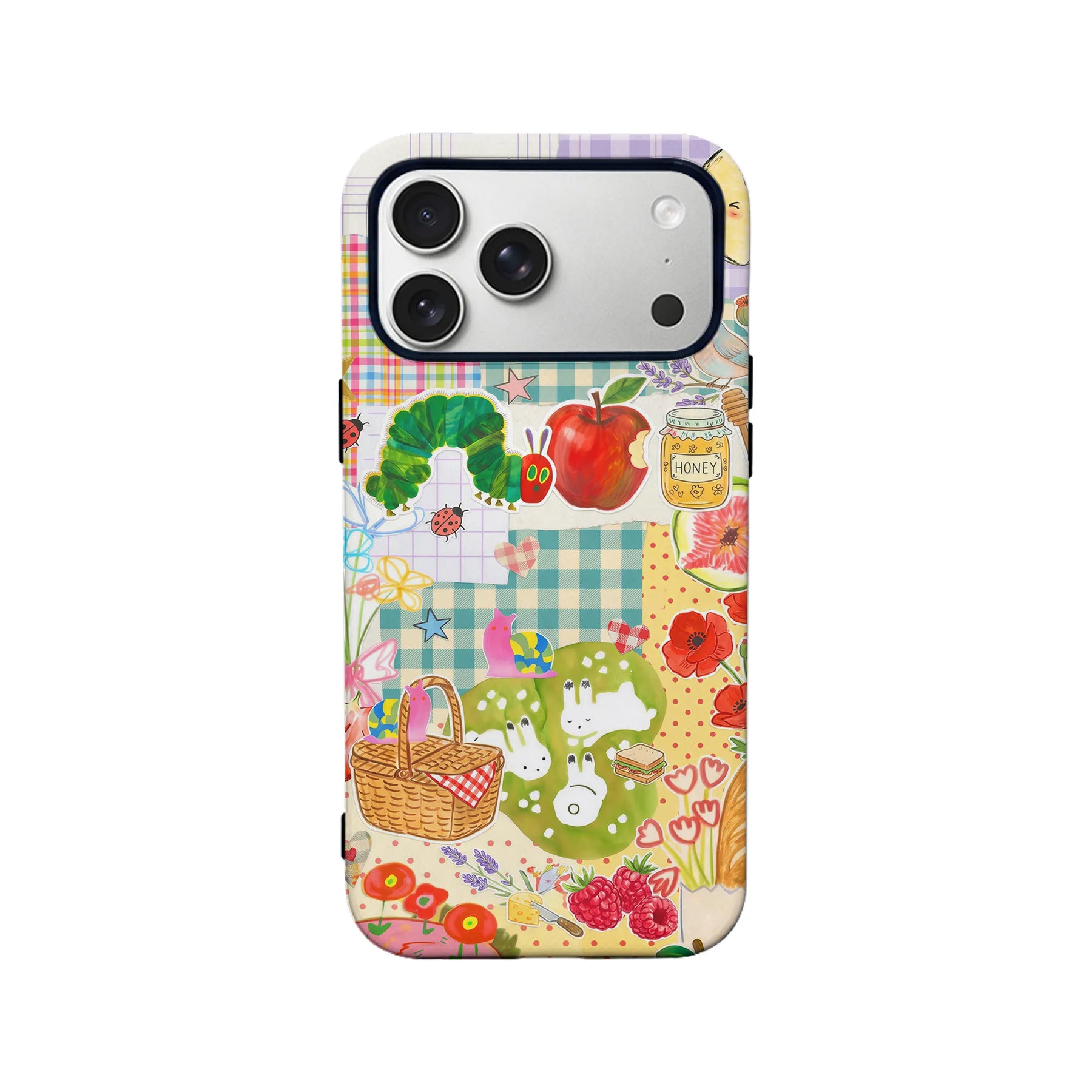 Colorful collage-style plastic phone case with picnic illustrations, rear product view for Shopify