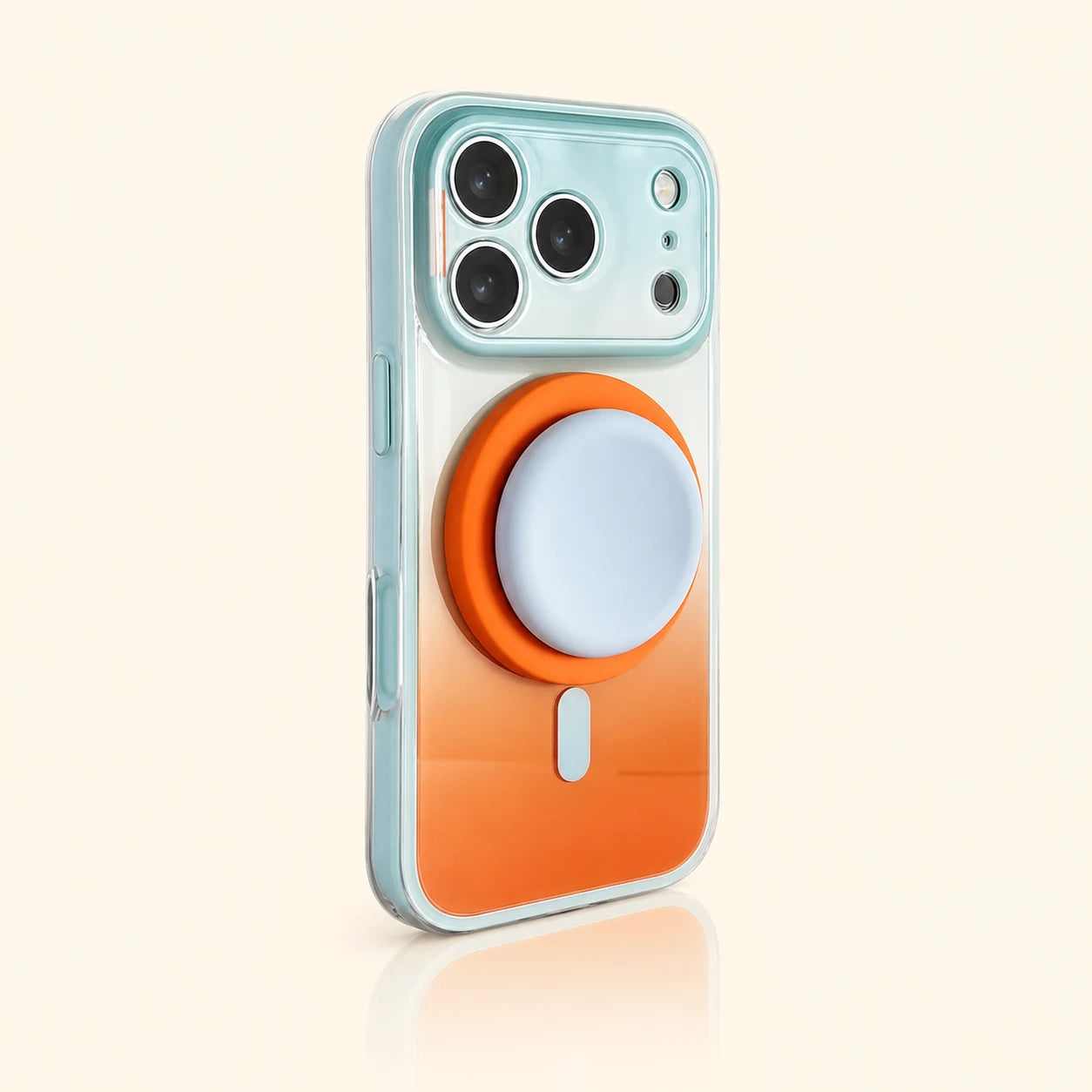 Aqua Orange gradient phone case with orange and blue circular magnetic stand