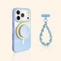 Blue Sky gradient magnetic iPhone case with matching stand and blue beaded wrist chain