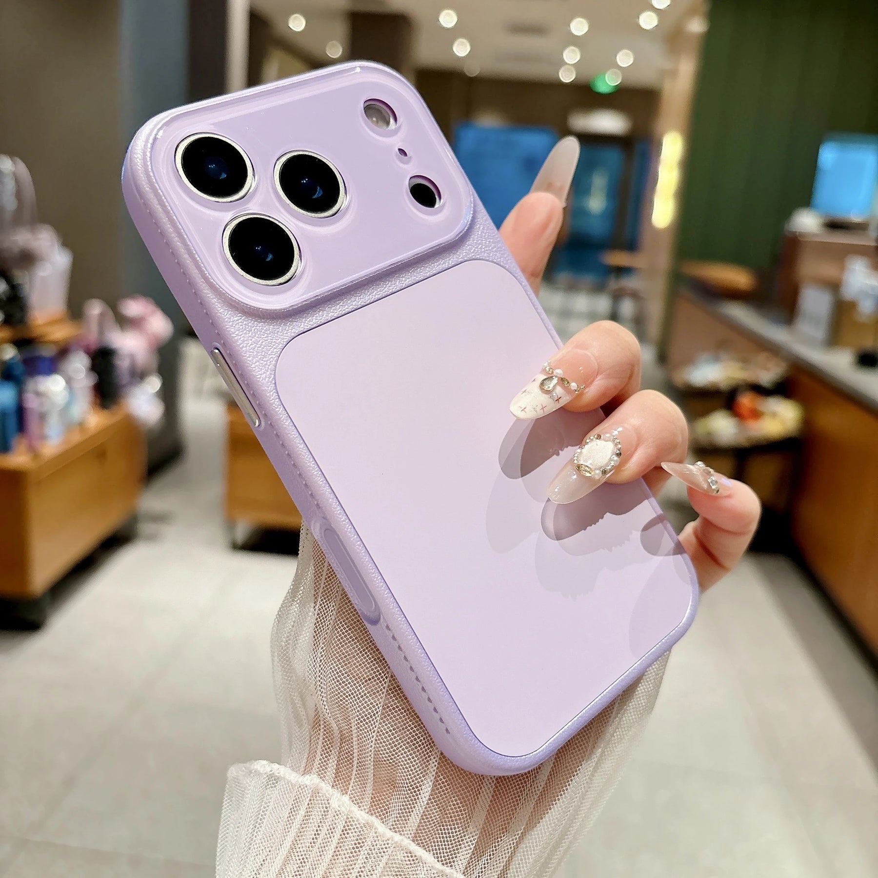 Lavender faux leather color block iPhone case lifestyle photo