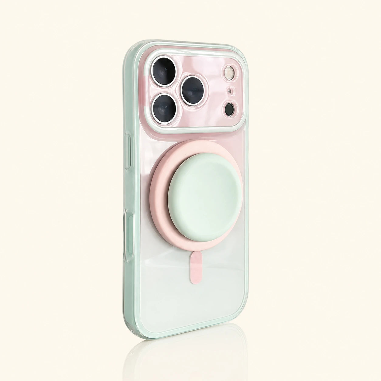 Pink Mint gradient magnetic iPhone case with matching circular stand