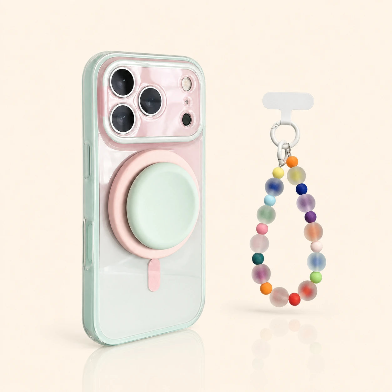 Pink Mint gradient magnetic iPhone case with matching stand and multicolor beaded wrist chain