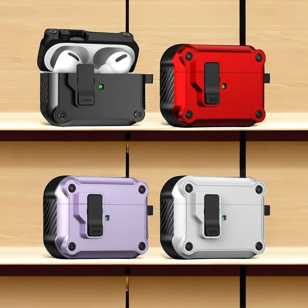 For AirPods 1/2/3/4 & AirPods Pro 1/2/3 Gen Case, Secure Lock Auto Pop-Up Lid Military Grade Shockproof Hard Shell Protective Cover, Full Body Drop Protection Armor Earphone Case with Visible LED & USB-C/Lightning Compatibility (main image)