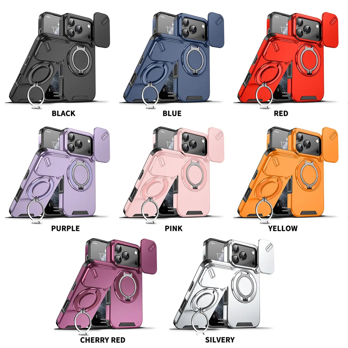 Heavy-duty iPhone case with sliding camera cover and ring stand — view 2