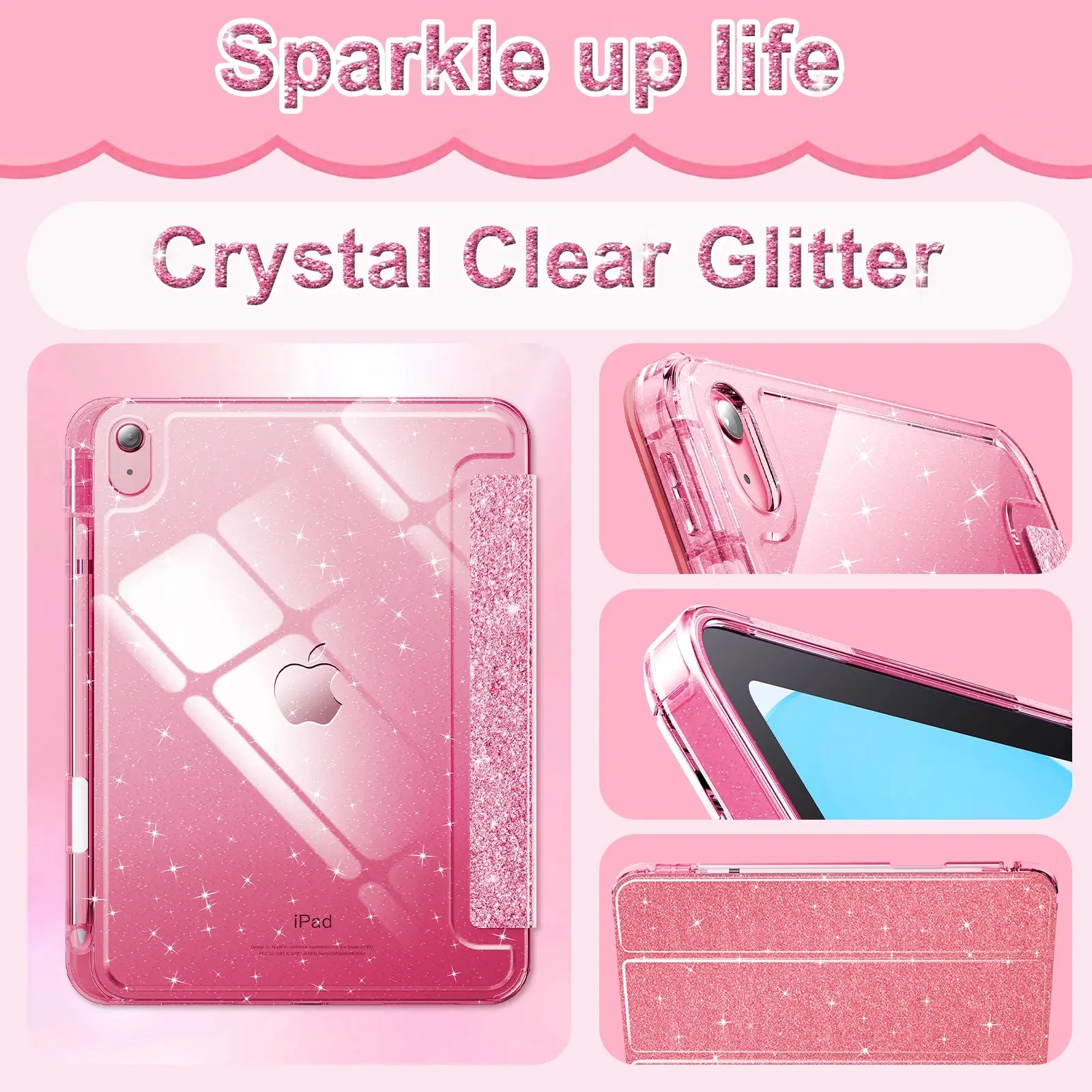 INFILAND Compatible with iPad Case, Glitter Cover with Sparkly Clear Back, Pencil Holder, for Kids Girls Computer Tablet Casing Protection Protective (main image)