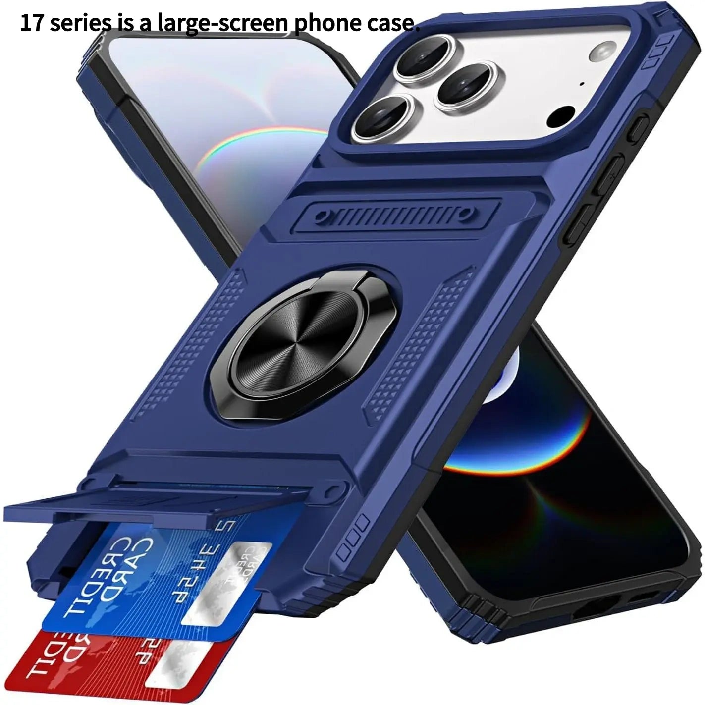 iPhone wallet case with two-card holder and rotating ring stand — view 1