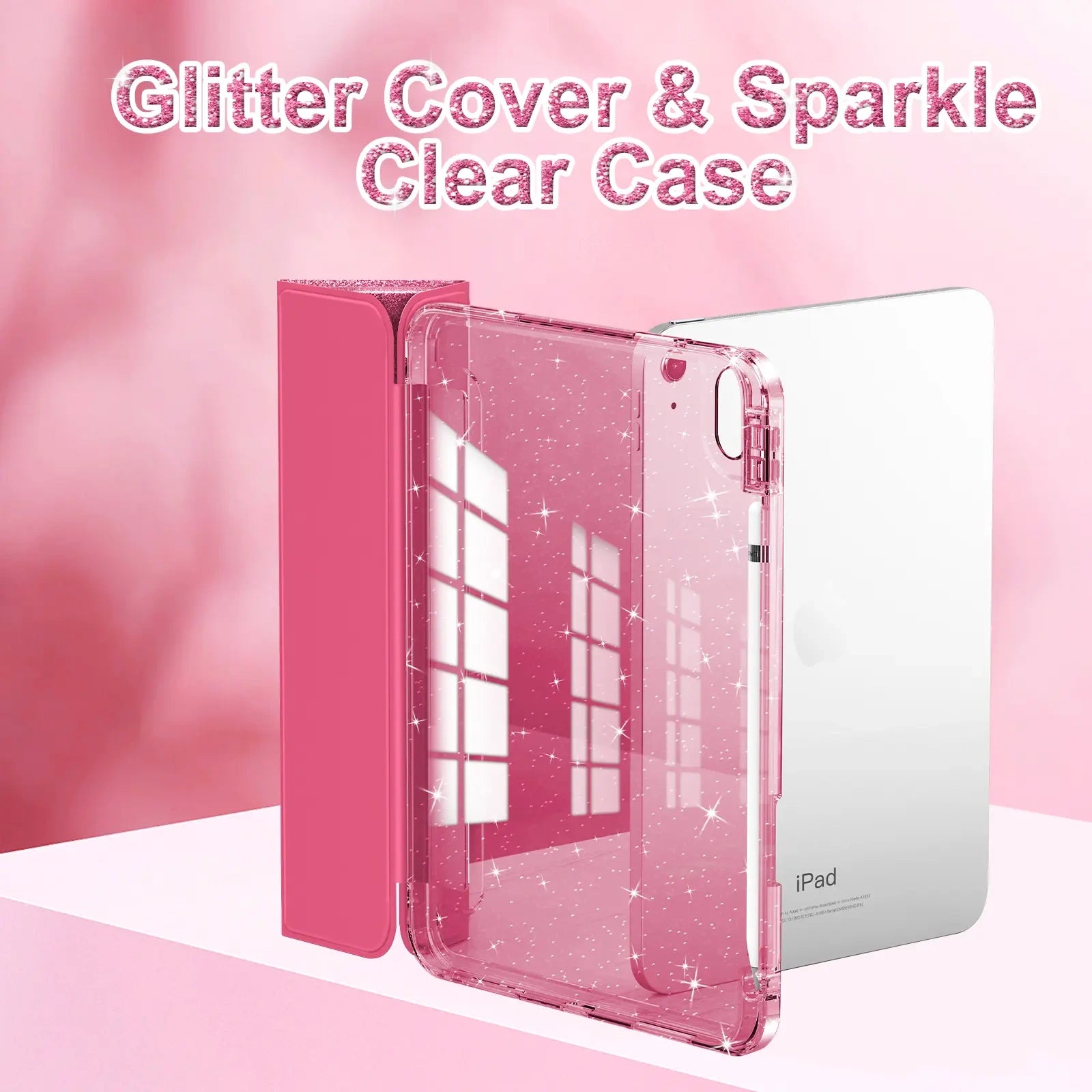 INFILAND Compatible with iPad Case, Glitter Cover with Sparkly Clear Back, Pencil Holder, for Kids Girls Computer Tablet Casing Protection Protective (main image)