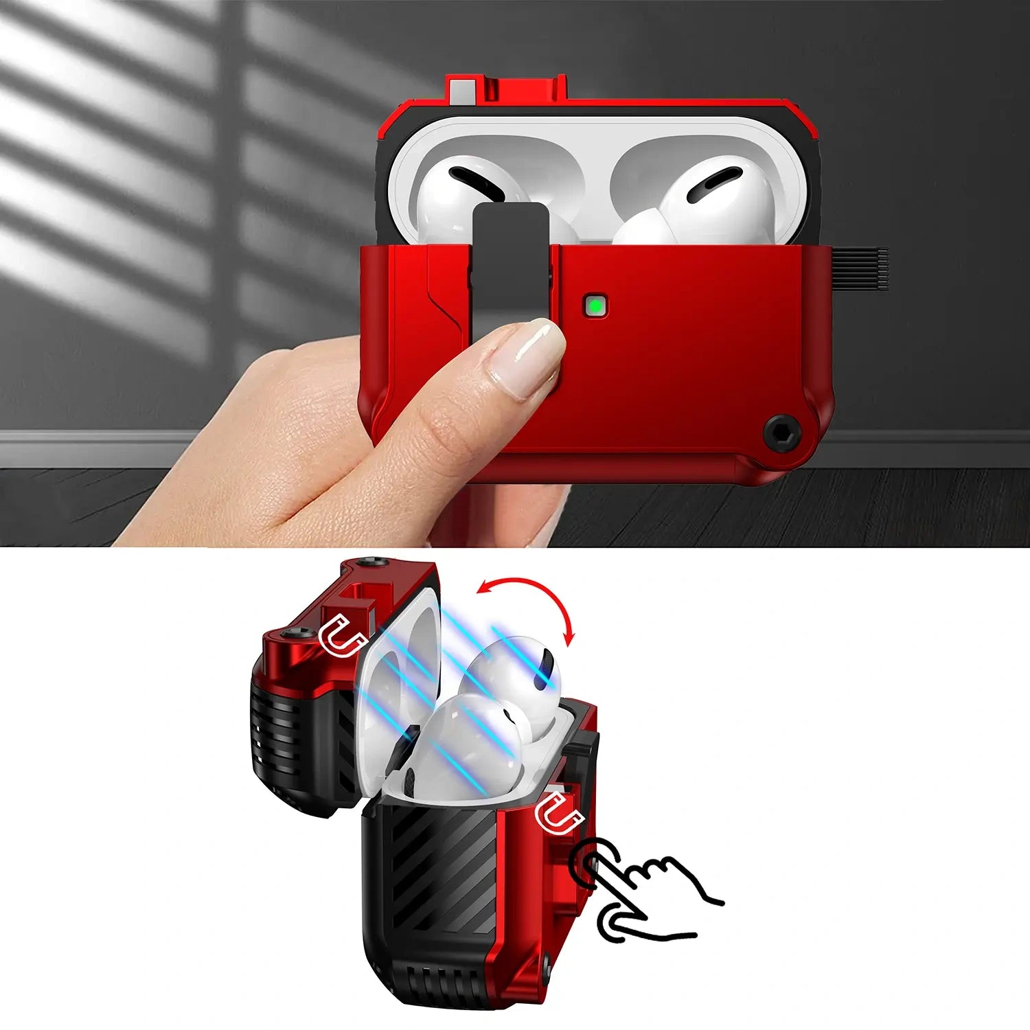 For AirPods 1/2/3/4 & AirPods Pro 1/2/3 Gen Case, Secure Lock Auto Pop-Up Lid Military Grade Shockproof Hard Shell Protective Cover, Full Body Drop Protection Armor Earphone Case with Visible LED & USB-C/Lightning Compatibility (main image)