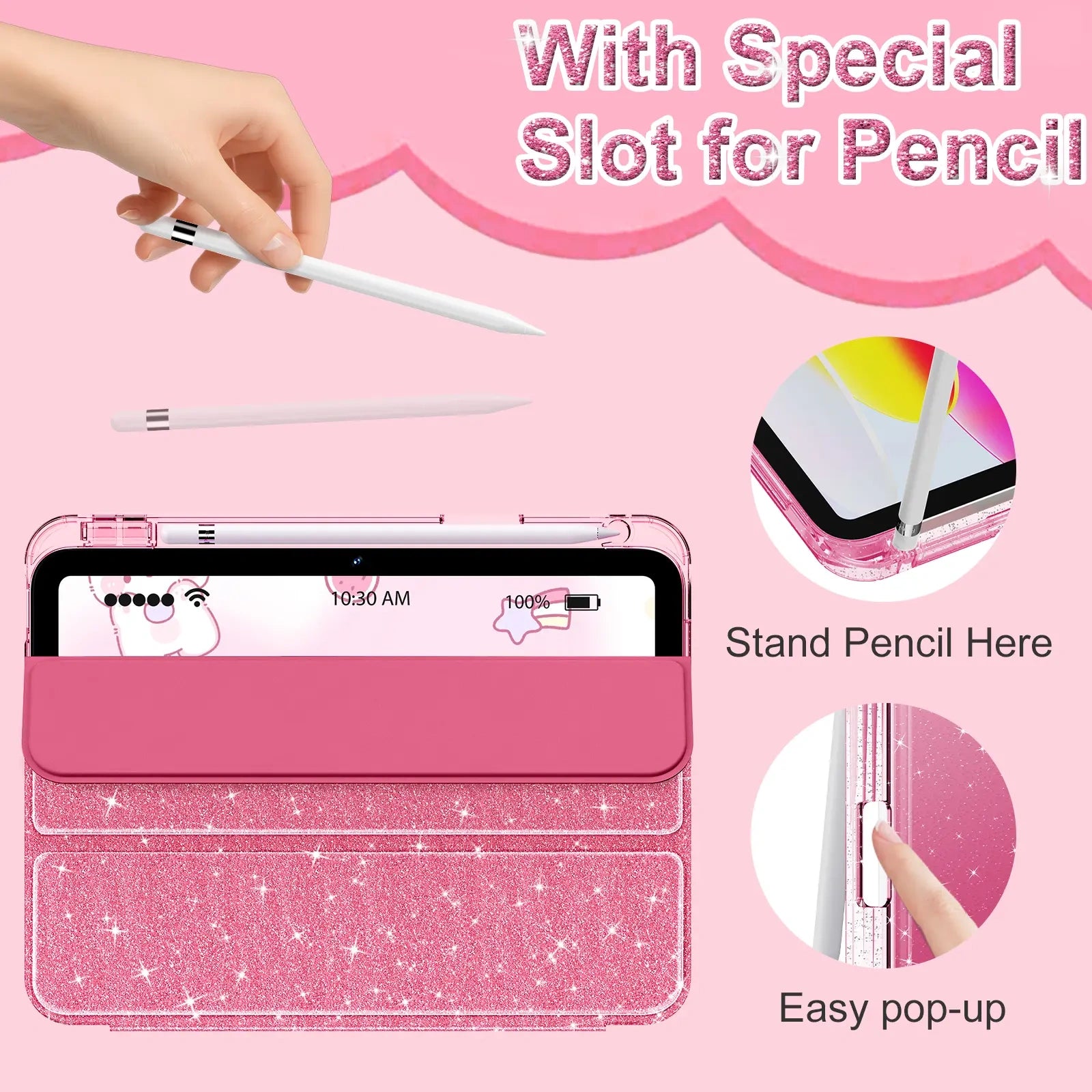 INFILAND Compatible with iPad Case, Glitter Cover with Sparkly Clear Back, Pencil Holder, for Kids Girls Computer Tablet Casing Protection Protective (main image)